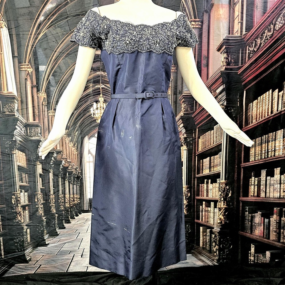 Vintage 1960's Dress Off Shoulder Heavily Beaded Chest Navy Blue as is